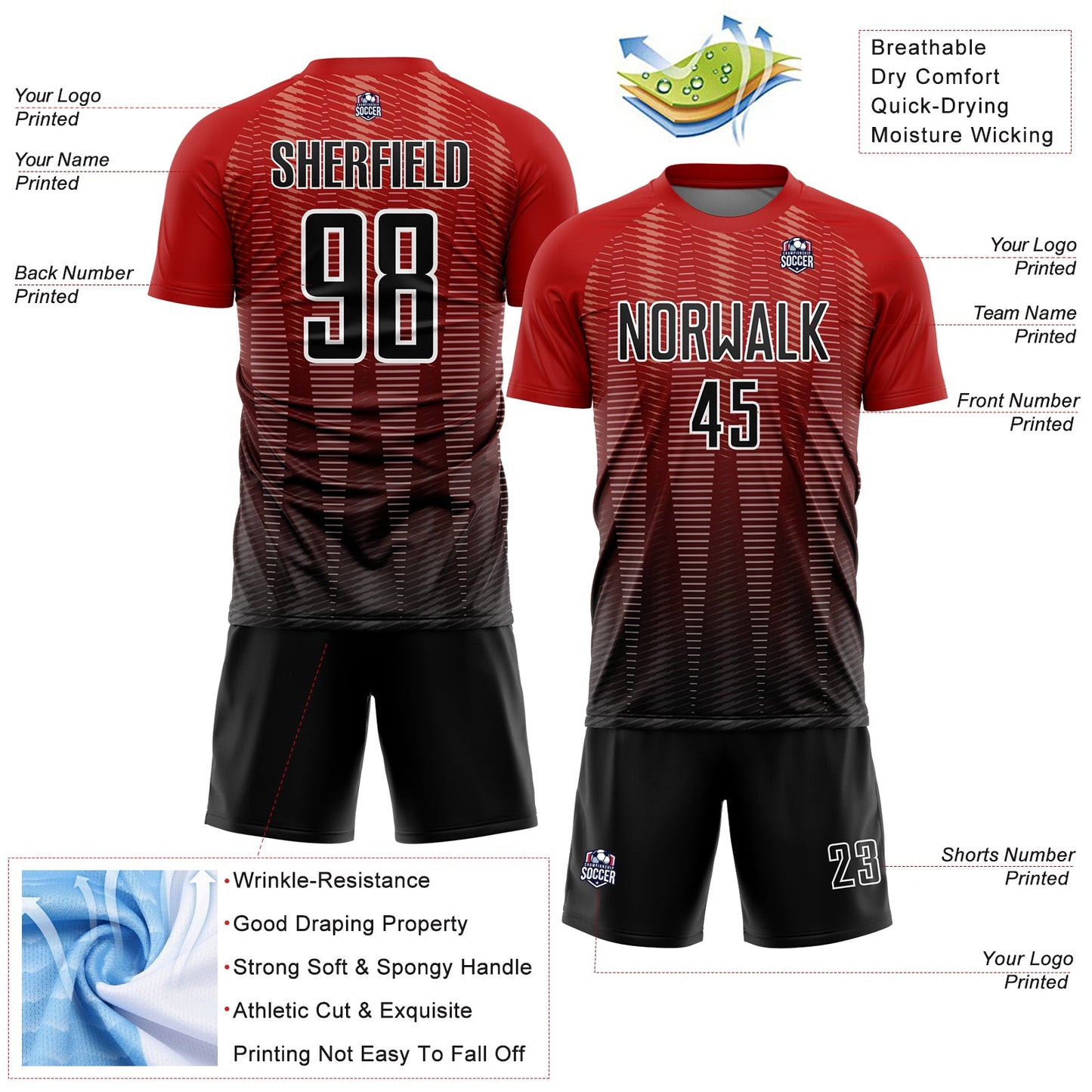 Custom Red Black-White Gradient Line Sublimation Soccer Uniform Jersey Limited