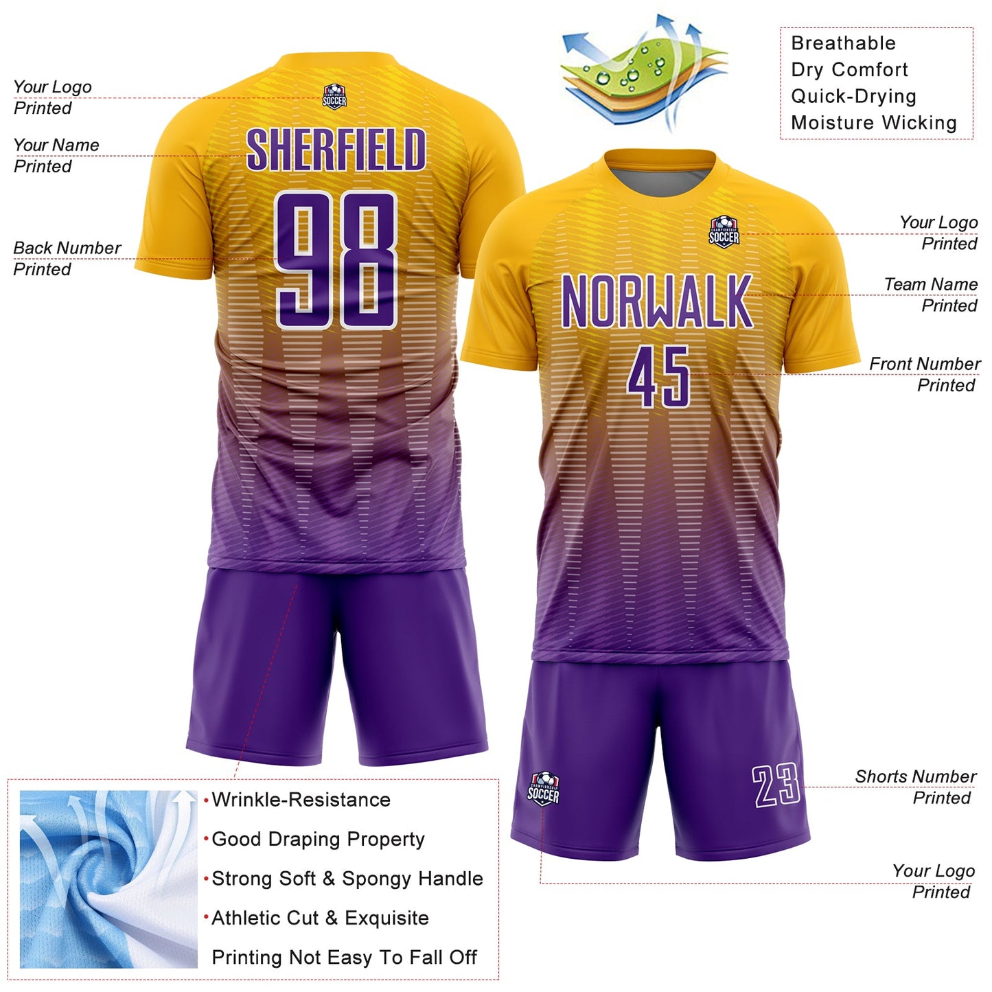 Custom Gold Purple-White Gradient Line Sublimation Soccer Uniform Jersey Limited