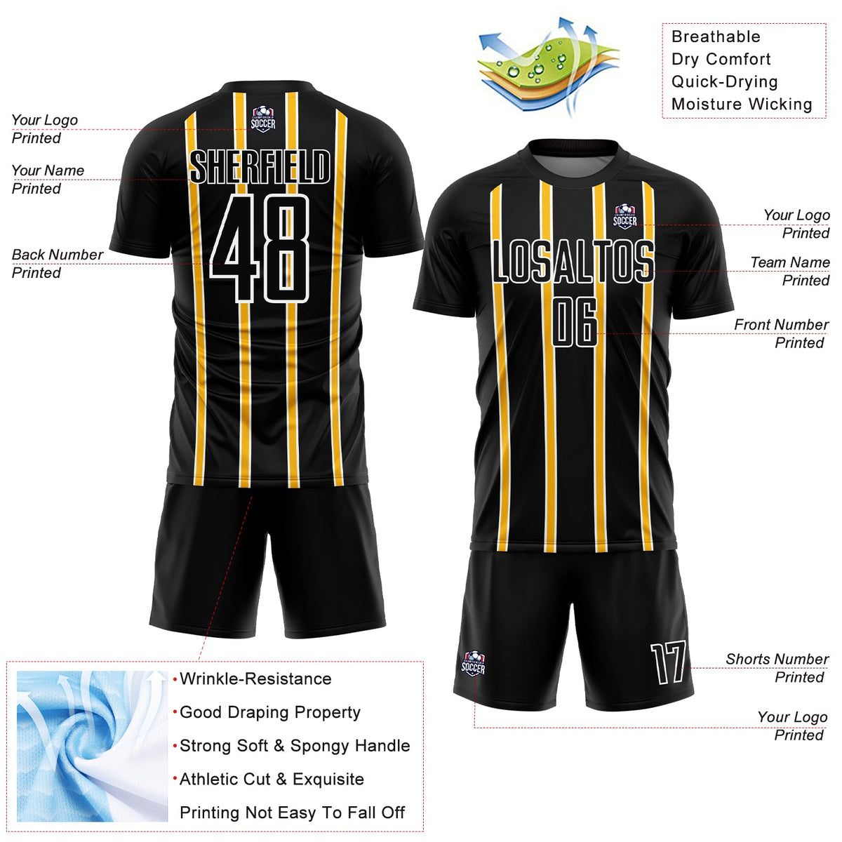 Custom Black Gold-White Stripe Line Sublimation Soccer Uniform Jersey Limited