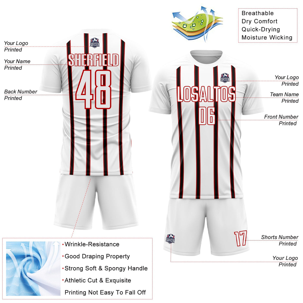Custom White Black-Red Stripe Line Sublimation Soccer Uniform Jersey Limited