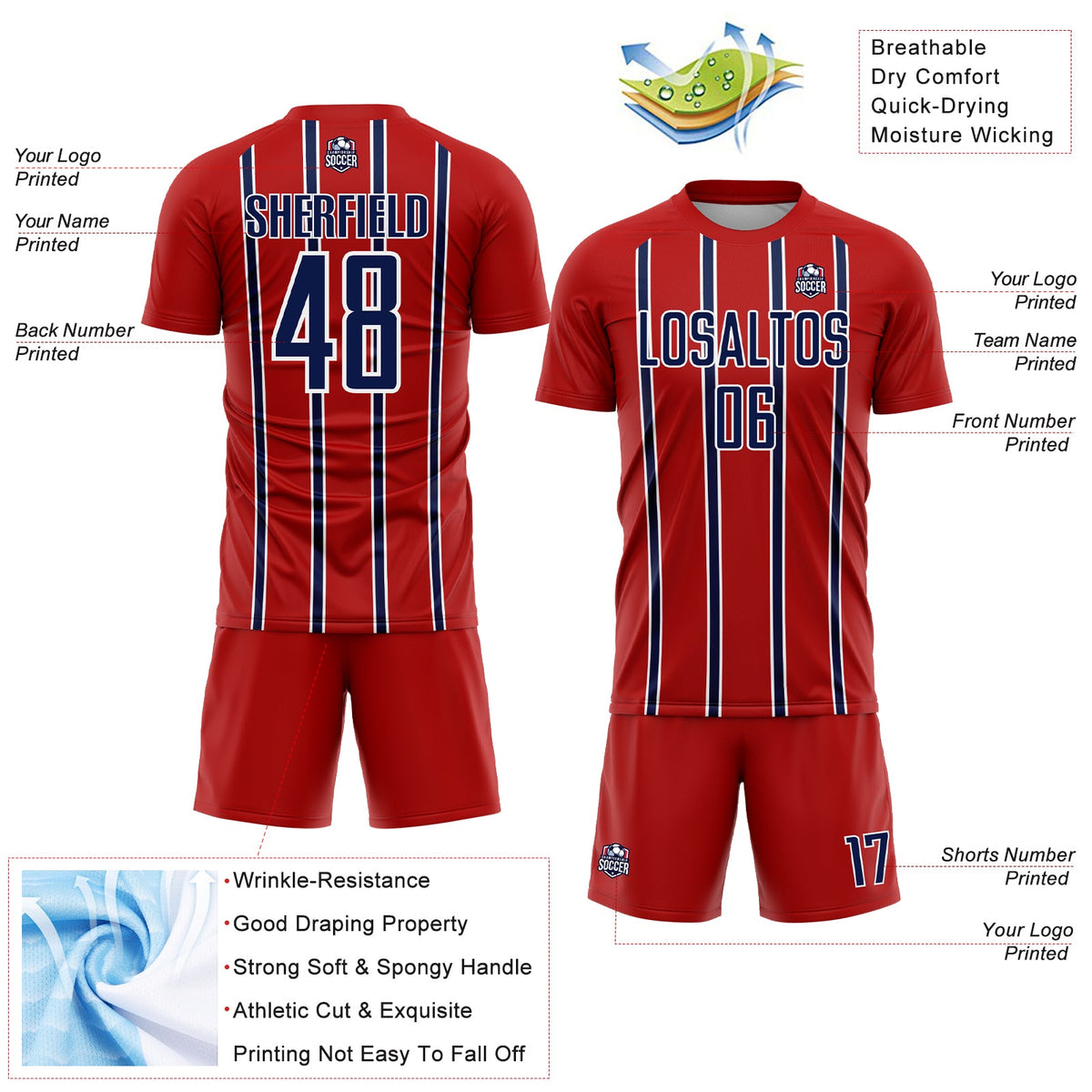 Custom Red Navy-White Stripe Line Sublimation Soccer Uniform Jersey Limited