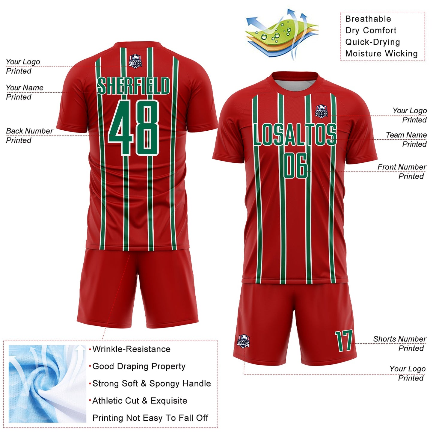Custom Red Kelly Green-White Stripe Line Sublimation Soccer Uniform Jersey Limited