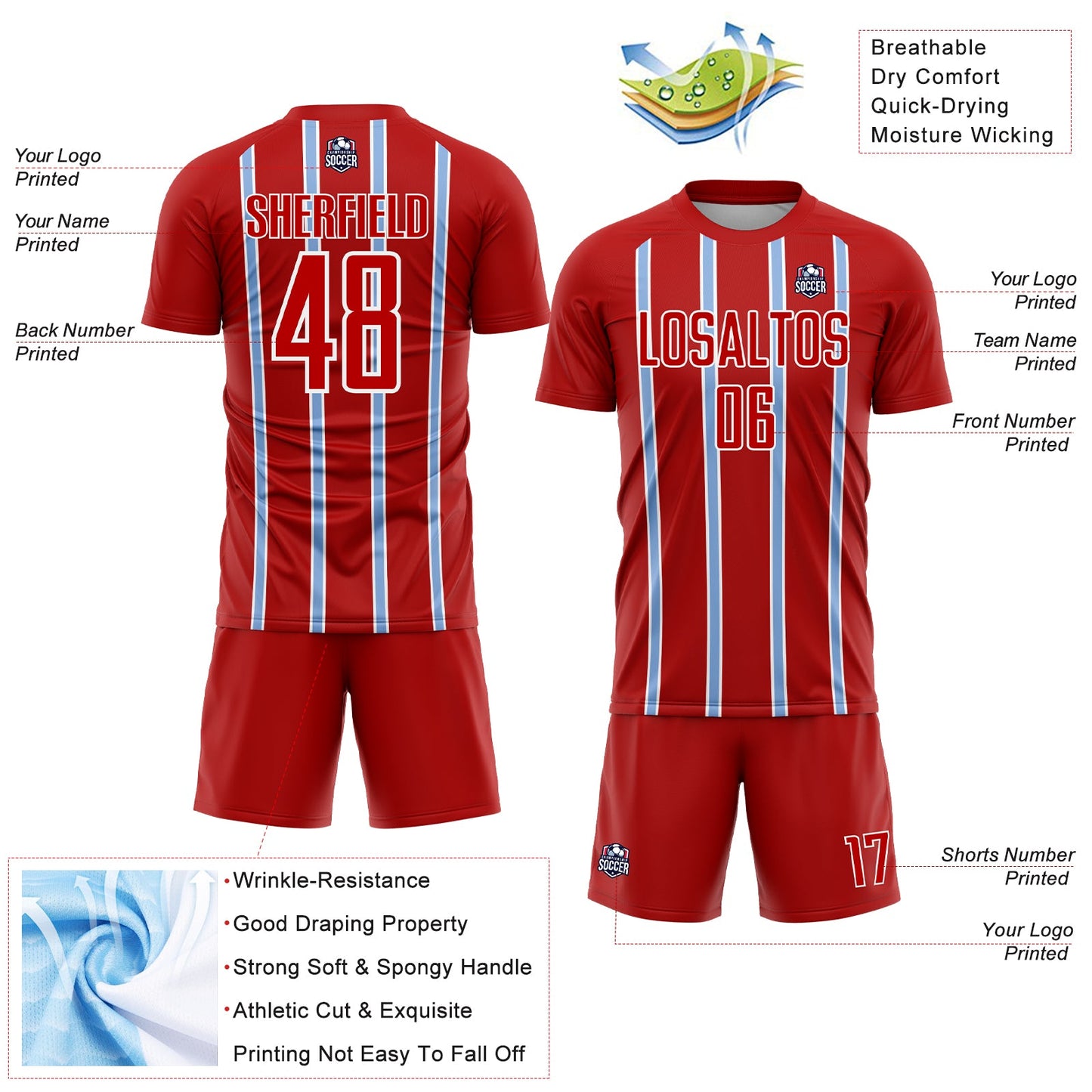 Custom Red Light Blue-White Stripe Line Sublimation Soccer Uniform Jersey Limited