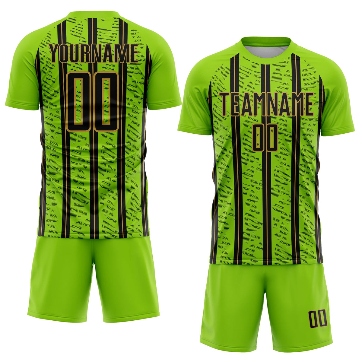 Custom Neon Green Black-Old Gold Stripe Line Sublimation Soccer Uniform Jersey Limited