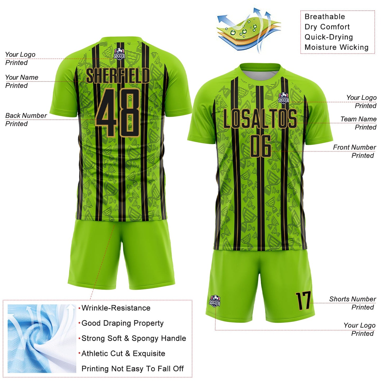 Custom Neon Green Black-Old Gold Stripe Line Sublimation Soccer Uniform Jersey Limited