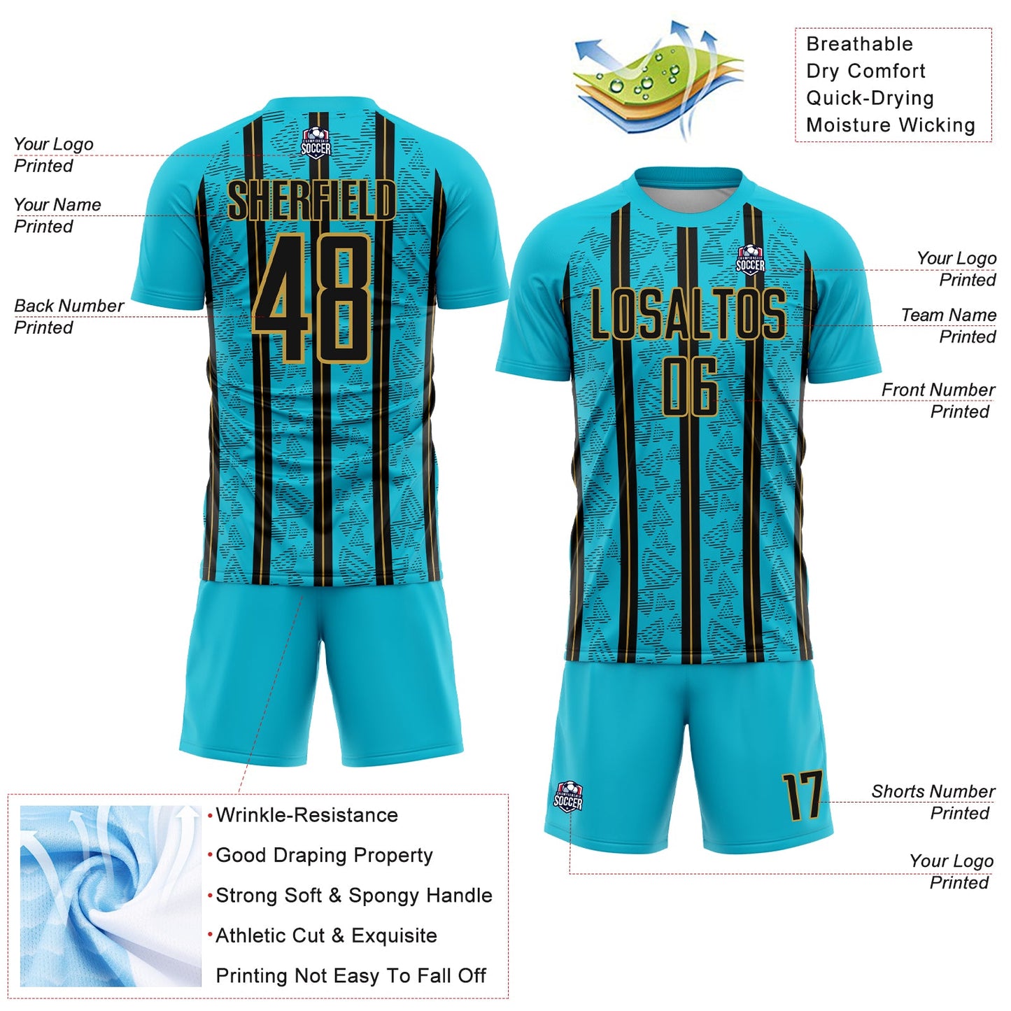 Custom Lakes Blue Black-Old Gold Stripe Line Sublimation Soccer Uniform Jersey Limited