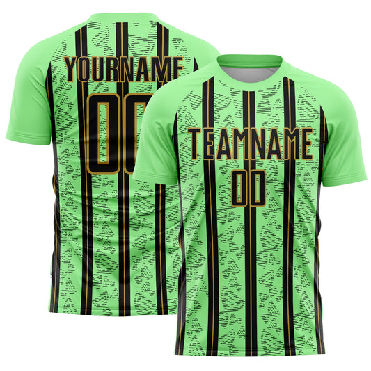 Custom Pea Green Black-Old Gold Stripe Line Sublimation Soccer Uniform Jersey