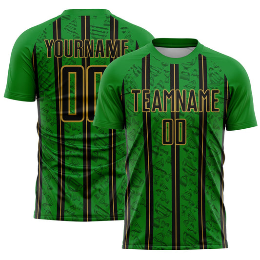 Custom Grass Green Black-Old Gold Stripe Line Sublimation Soccer Uniform Jersey