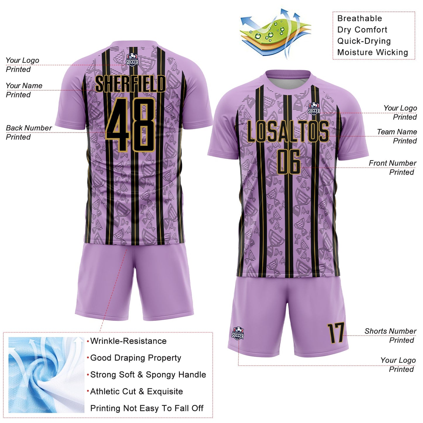 Custom Light Purple Black-Old Gold Stripe Line Sublimation Soccer Uniform Jersey Limited