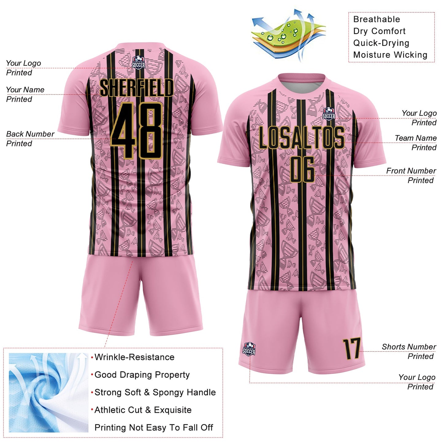 Custom Light Pink Black-Old Gold Stripe Line Sublimation Soccer Uniform Jersey Limited