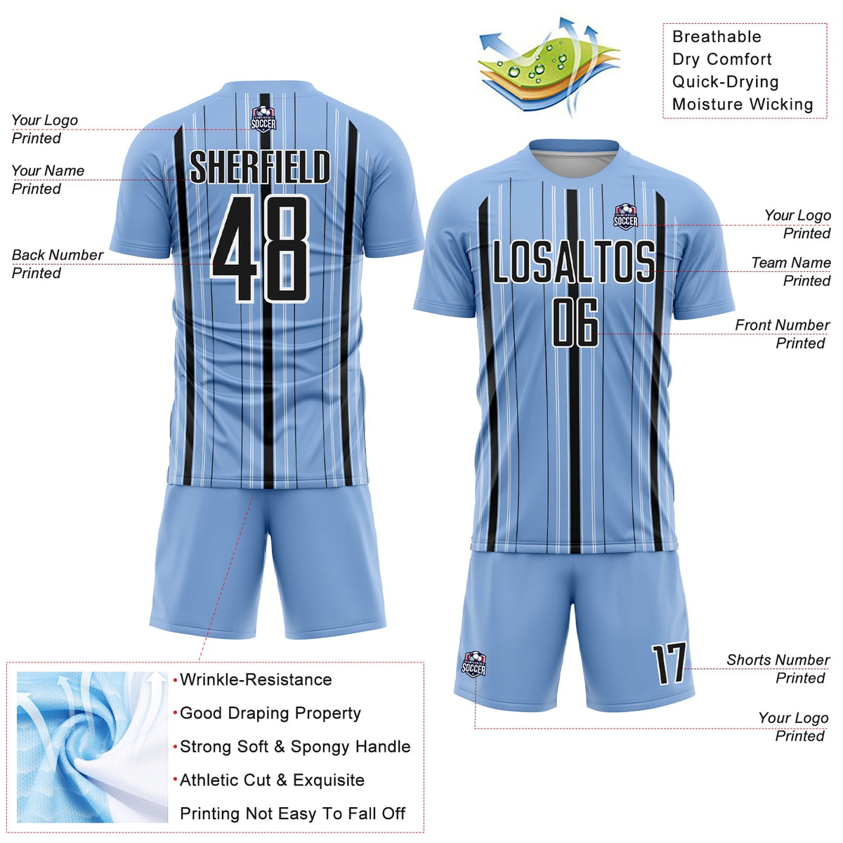 Custom Light Blue Black-White Stripe Sublimation Soccer Uniform Jersey Limited