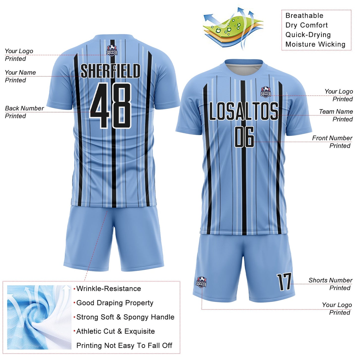 Custom Light Blue Black-White Stripe Sublimation Soccer Uniform Jersey Limited