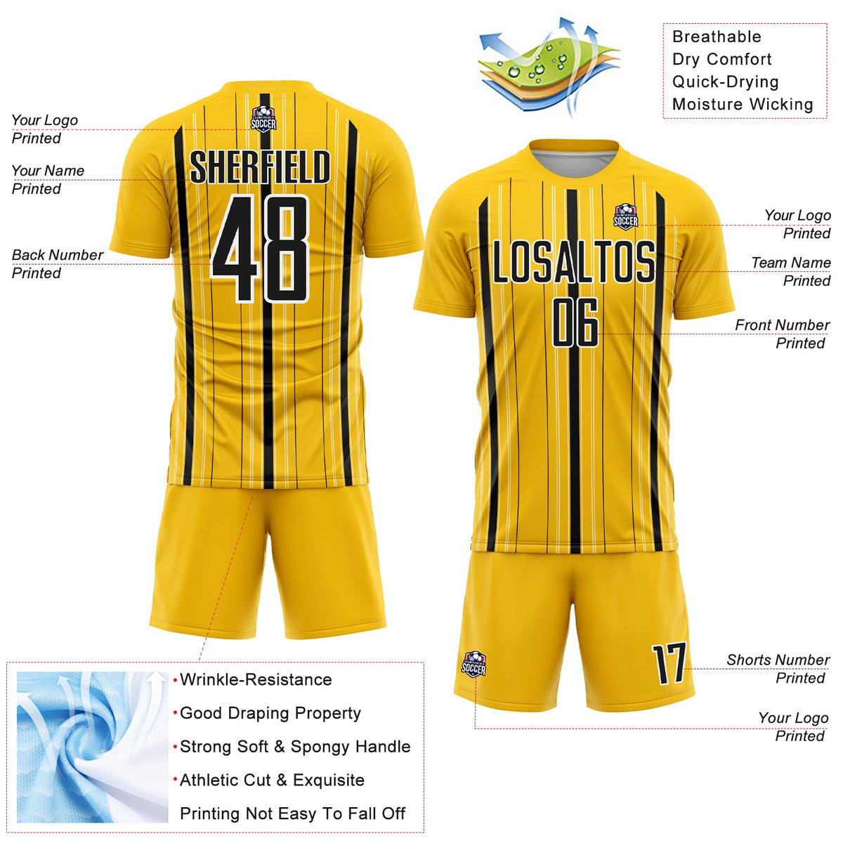 Custom Yellow Black-White Stripe Sublimation Soccer Uniform Jersey Limited