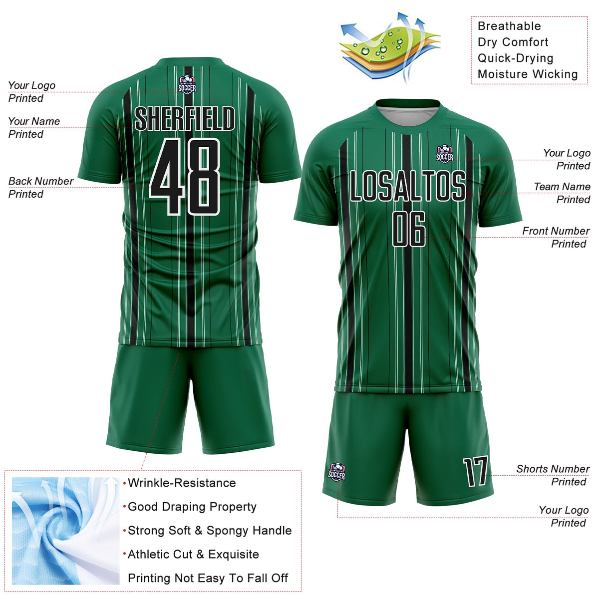 Custom Kelly Green Black-White Stripe Sublimation Soccer Uniform Jersey Limited