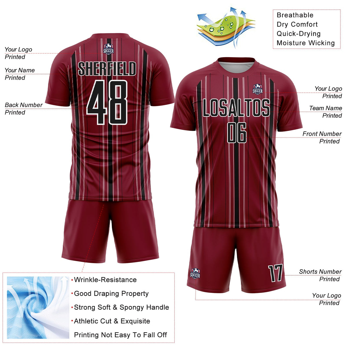 Custom Maroon Black-White Stripe Sublimation Soccer Uniform Jersey Limited
