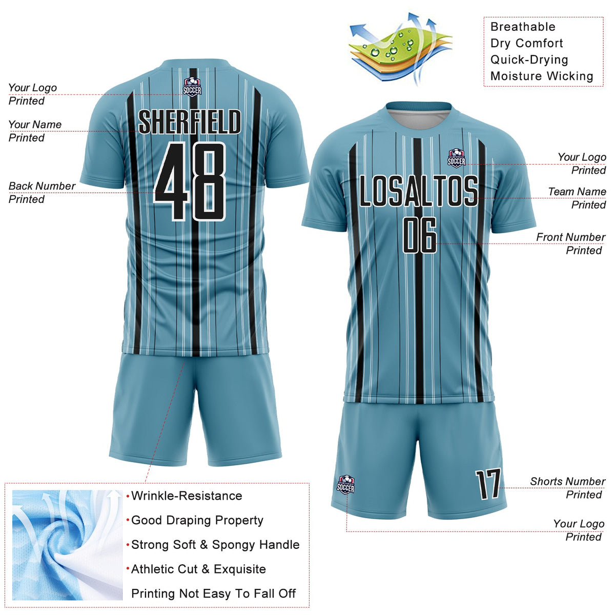 Custom Shadow Blue Black-White Stripe Sublimation Soccer Uniform Jersey Limited