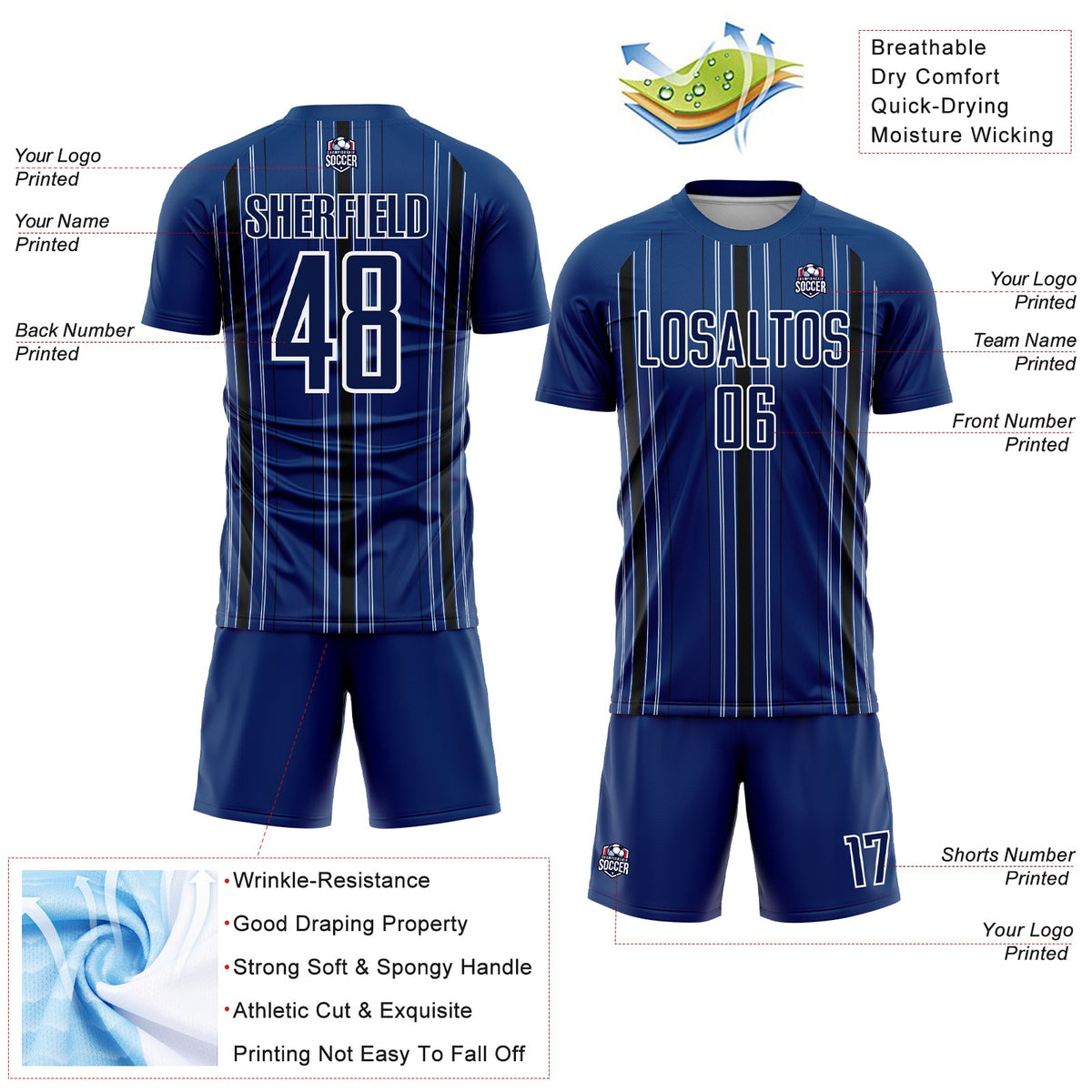 Custom Navy Black-White Stripe Sublimation Soccer Uniform Jersey Limited