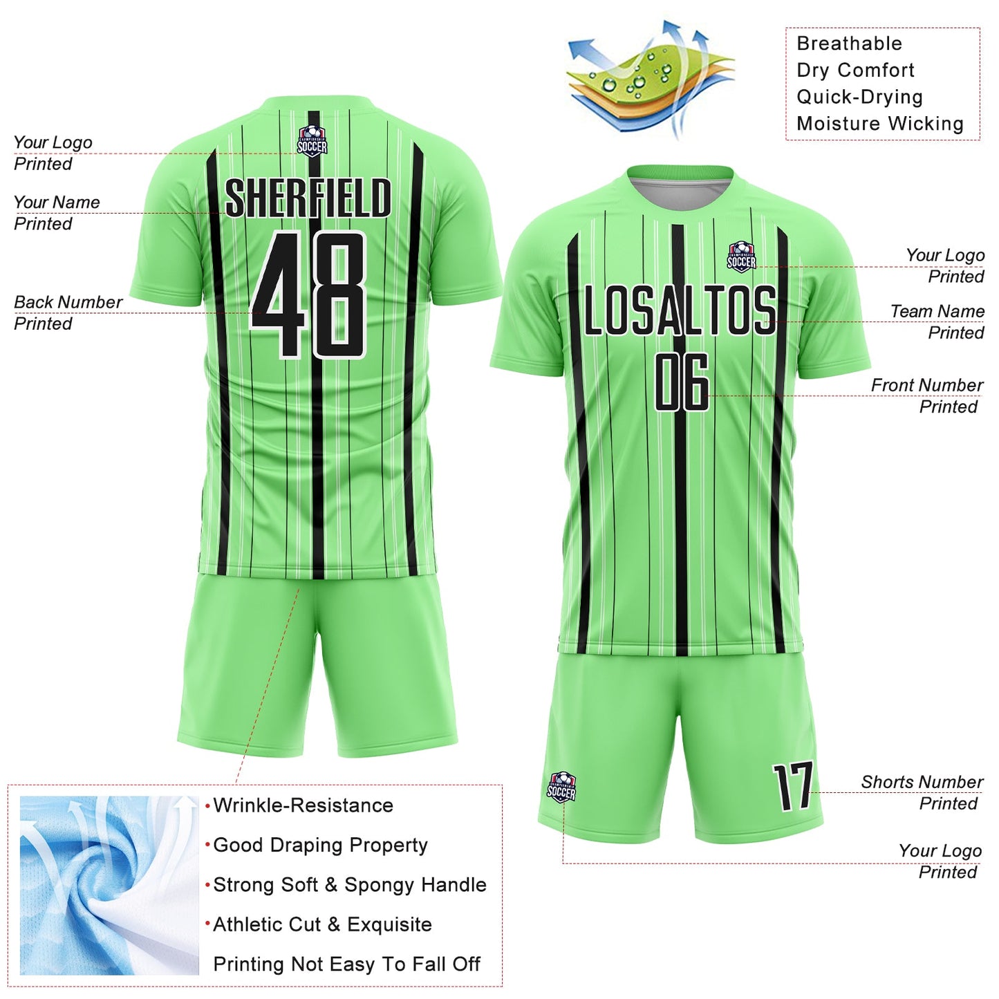 Custom Pea Green Black-White Stripe Sublimation Soccer Uniform Jersey Limited