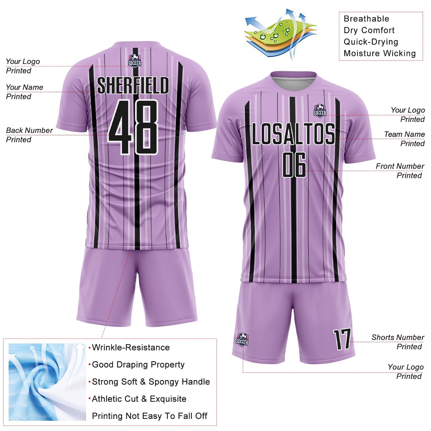 Custom Light Purple Black-White Stripe Sublimation Soccer Uniform Jersey Limited