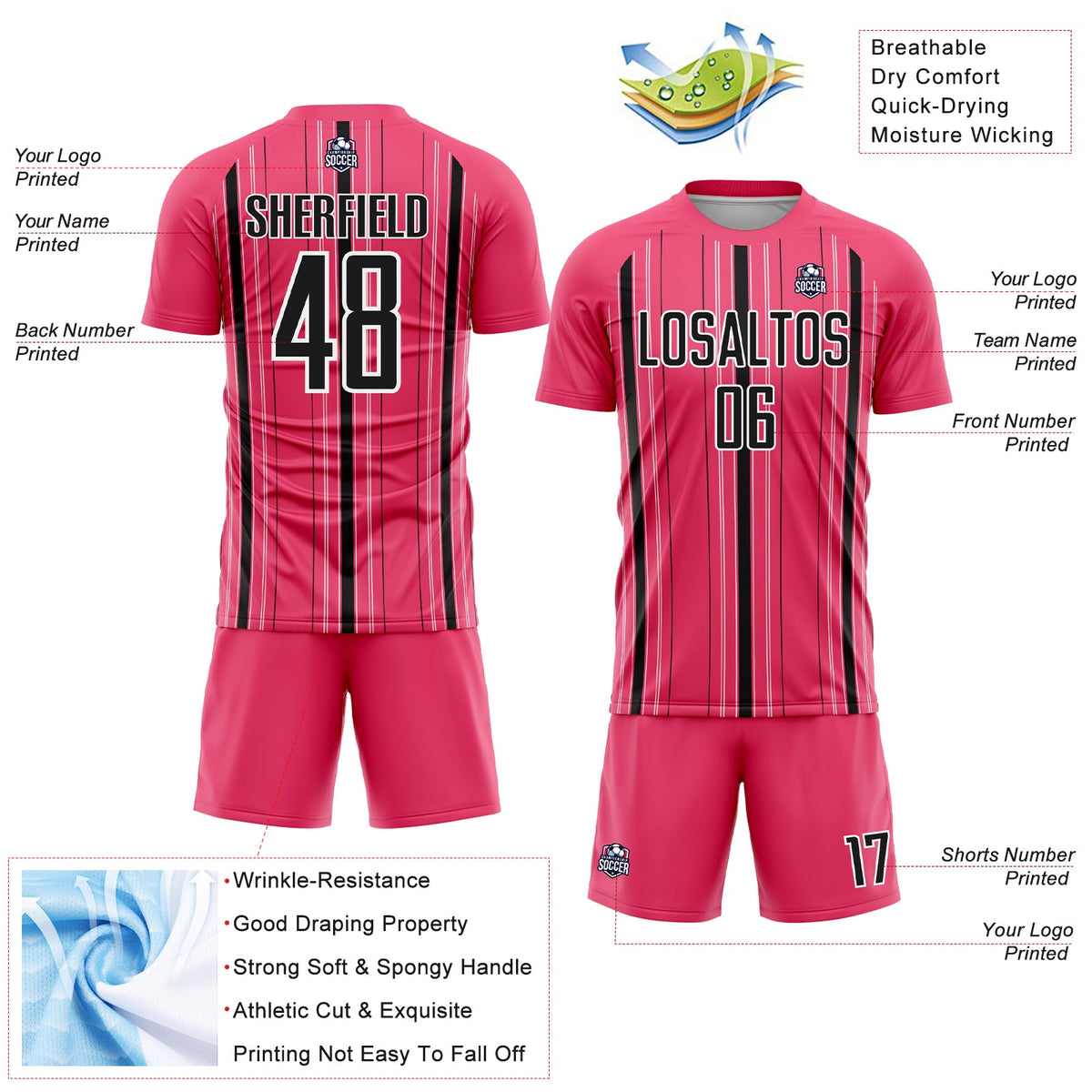 Custom Neon Pink Black-White Stripe Sublimation Soccer Uniform Jersey Limited
