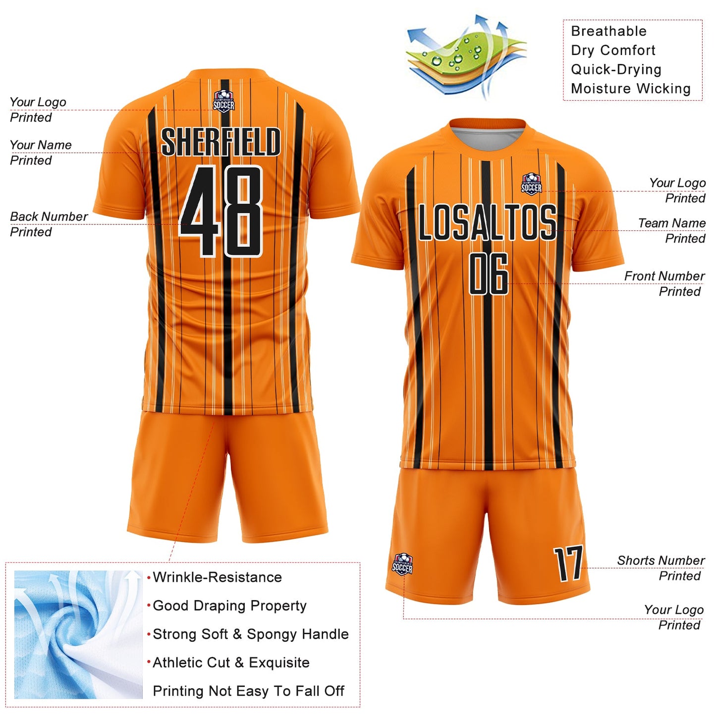 Custom Bay Orange Black-White Stripe Sublimation Soccer Uniform Jersey Limited