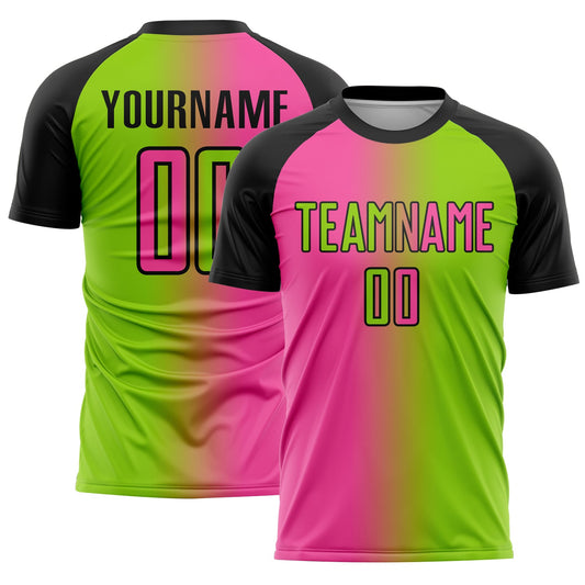 Custom Neon Green Pink-Black Sublimation Gradient Fashion Soccer Uniform Jersey