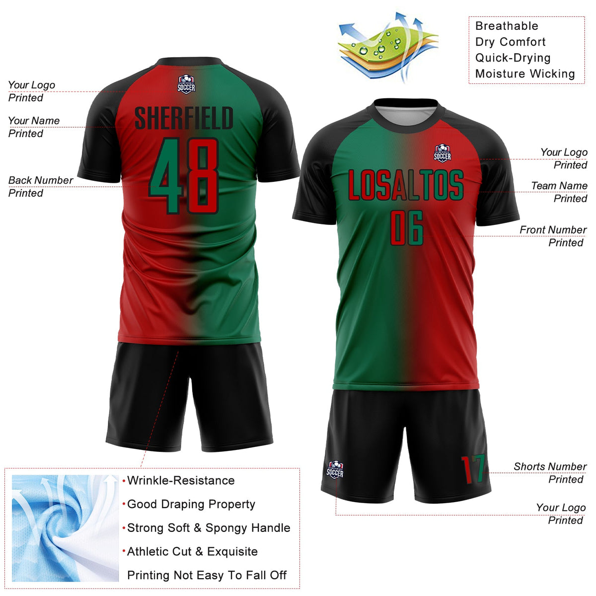 Custom Red Kelly Green-Black Sublimation Gradient Fashion Soccer Uniform Jersey Limited