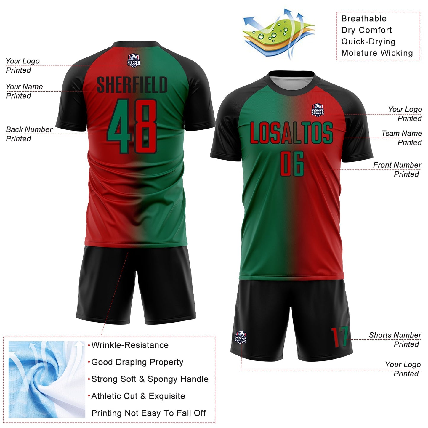 Custom Red Kelly Green-Black Sublimation Gradient Fashion Soccer Uniform Jersey Limited