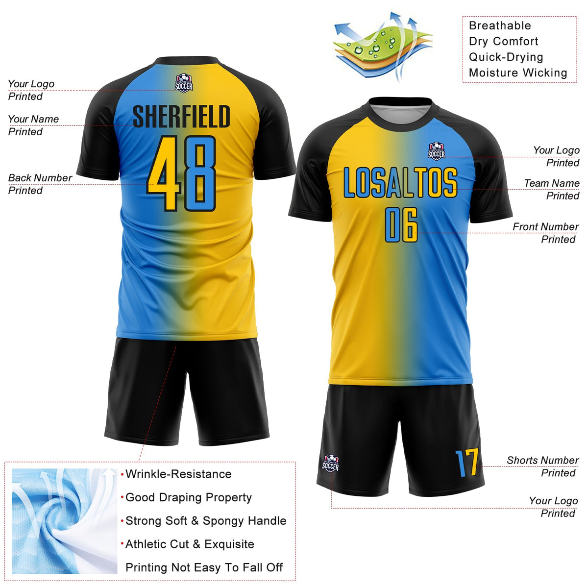 Custom Powder Blue Yellow-Black Sublimation Gradient Fashion Soccer Uniform Jersey Limited