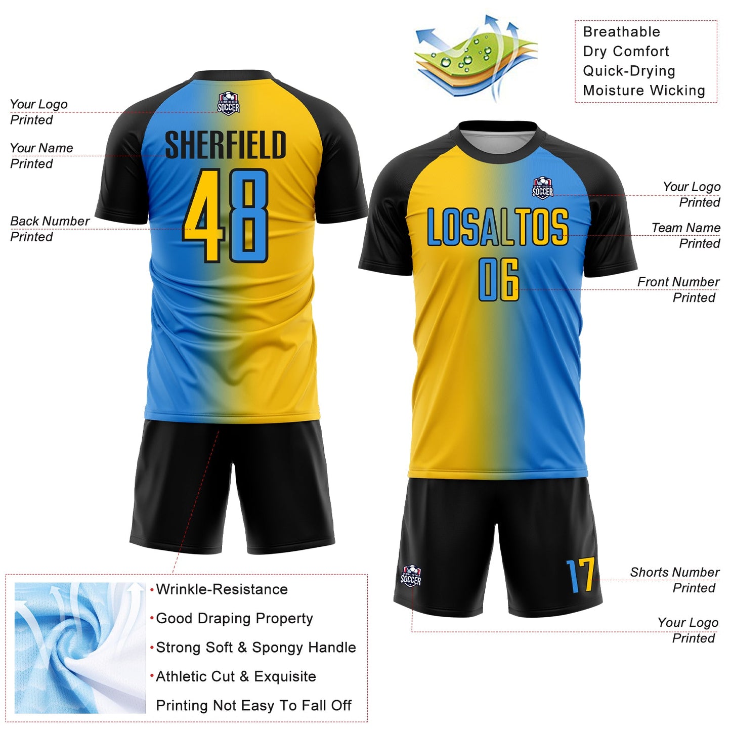 Custom Powder Blue Yellow-Black Sublimation Gradient Fashion Soccer Uniform Jersey Limited