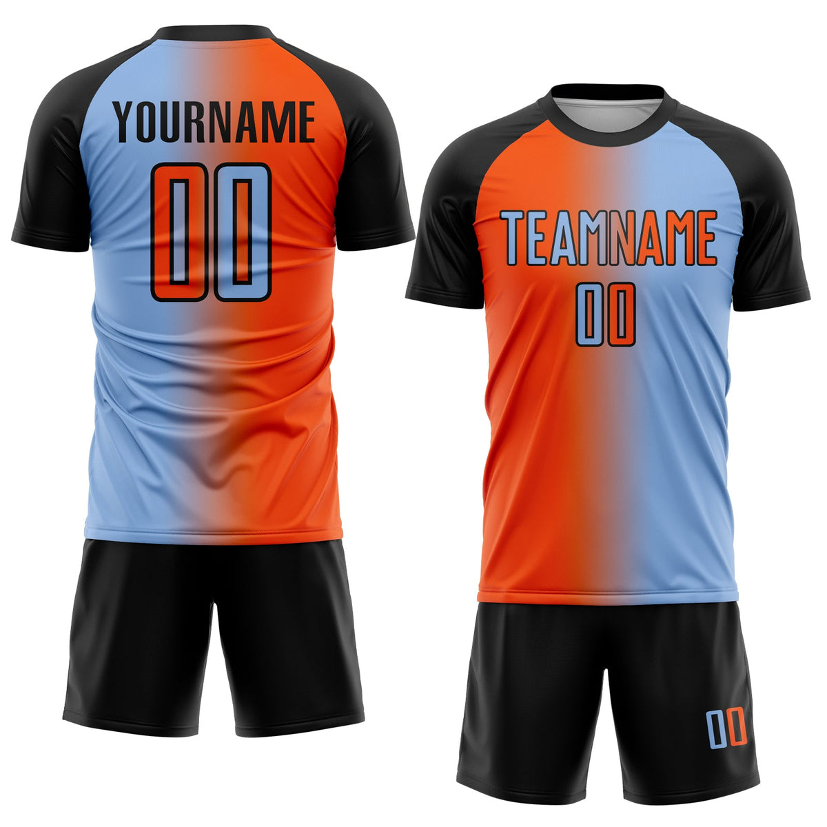Custom Light Blue Orange-Black Sublimation Gradient Fashion Soccer Uniform Jersey Limited