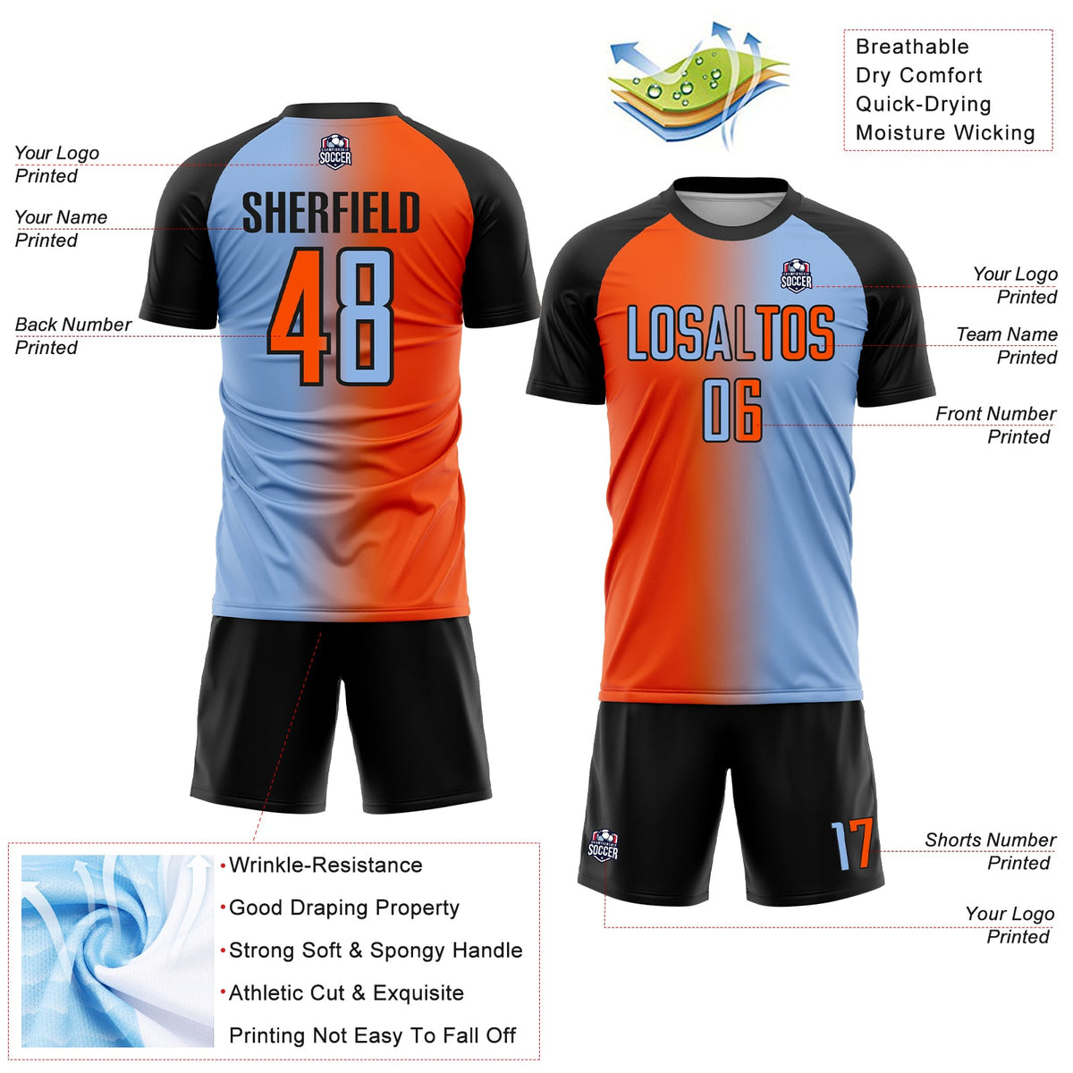 Custom Light Blue Orange-Black Sublimation Gradient Fashion Soccer Uniform Jersey Limited