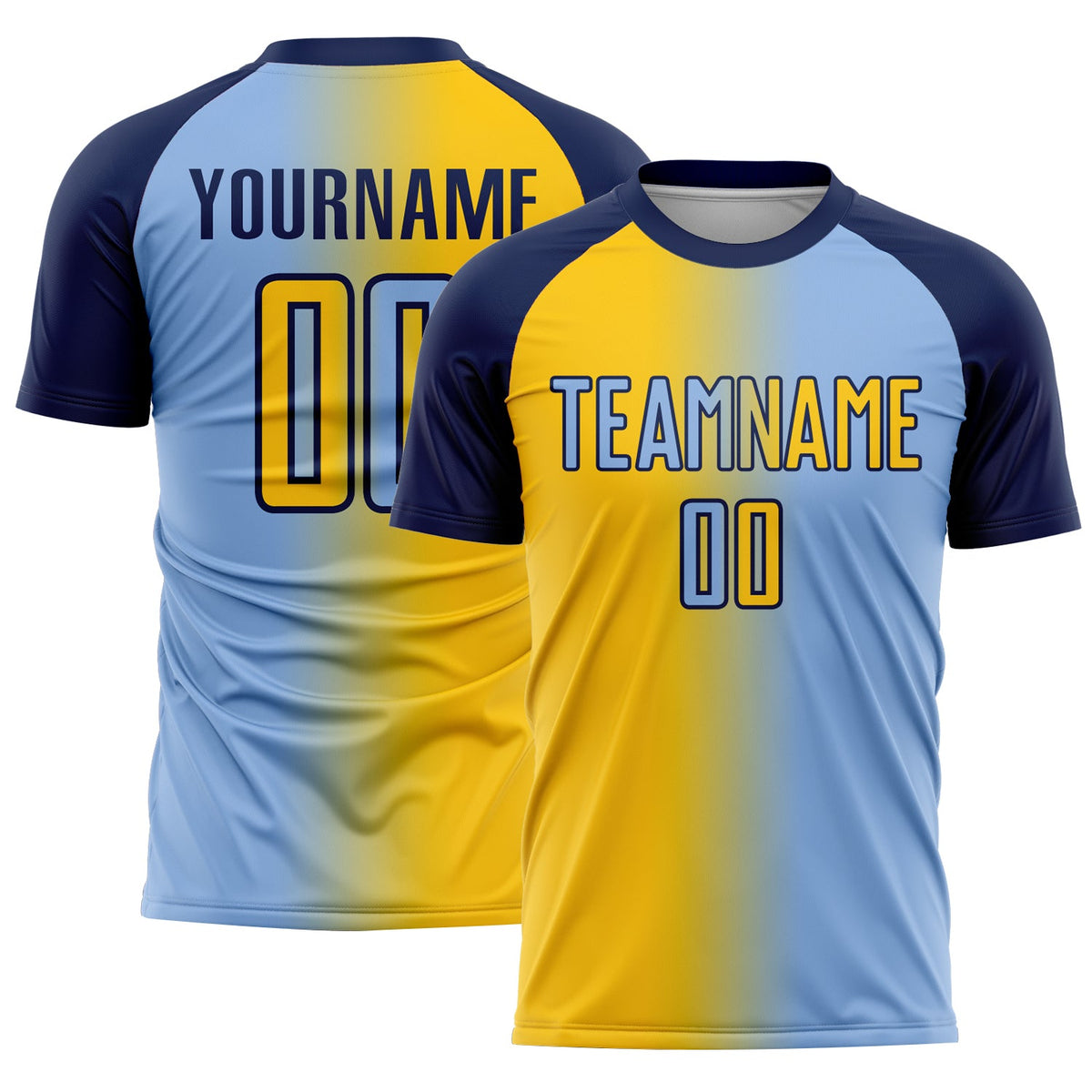 Custom Light Blue Yellow-Navy Sublimation Gradient Fashion Soccer Uniform Jersey