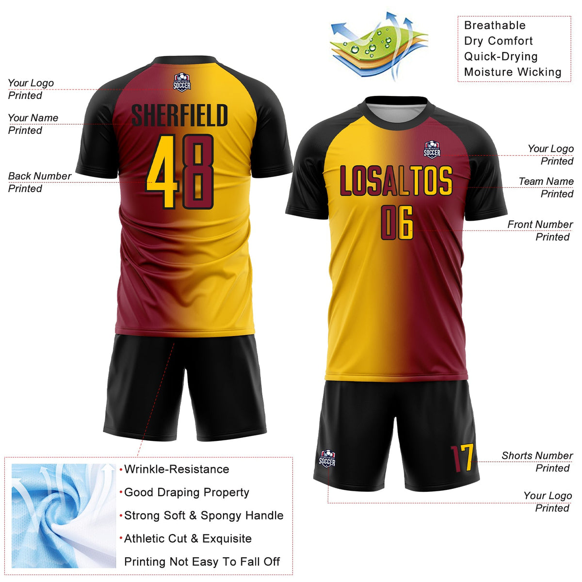 Custom Crimson Yellow-Black Sublimation Gradient Fashion Soccer Uniform Jersey Limited