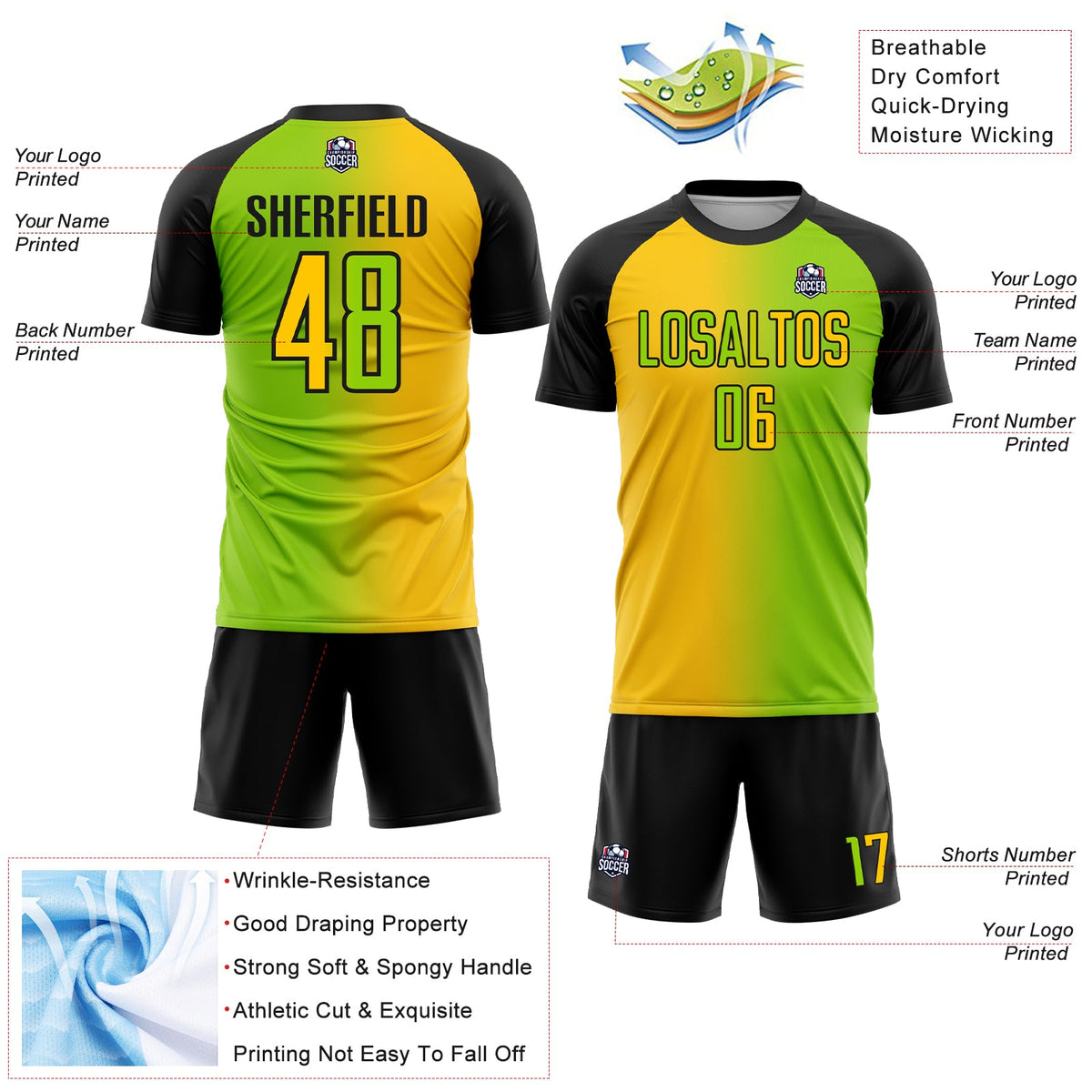 Custom Neon Green Yellow-Black Sublimation Gradient Fashion Soccer Uniform Jersey Limited