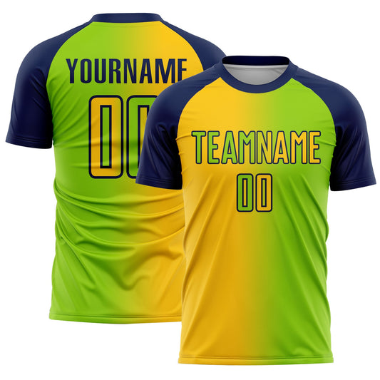Custom Neon Green Yellow-Navy Sublimation Gradient Fashion Soccer Uniform Jersey