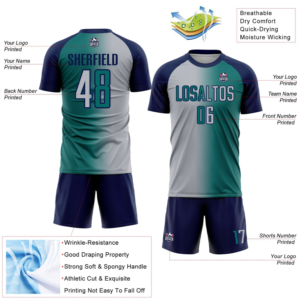 Custom Teal Gray-Navy Sublimation Gradient Fashion Soccer Uniform Jersey Limited
