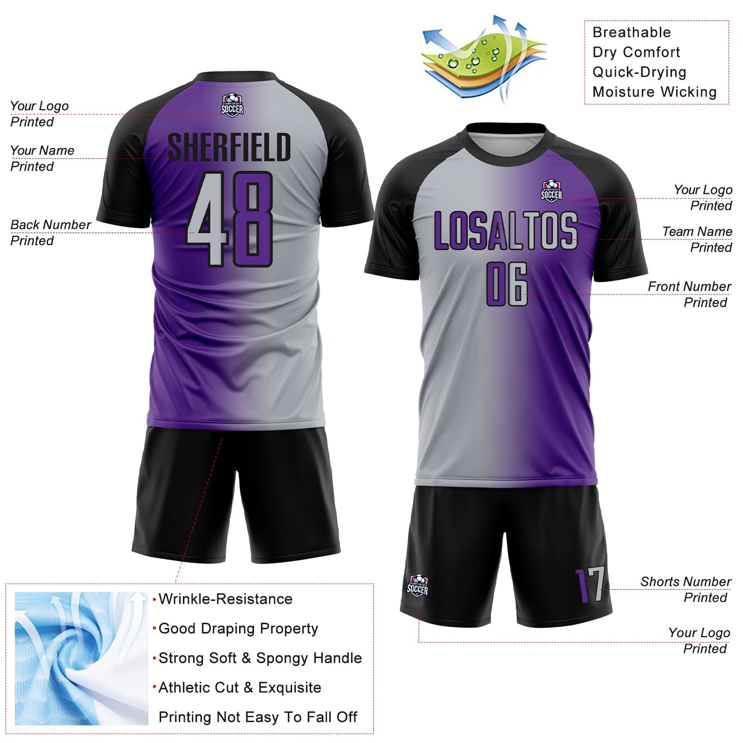 Custom Purple Gray-Black Sublimation Gradient Fashion Soccer Uniform Jersey Limited