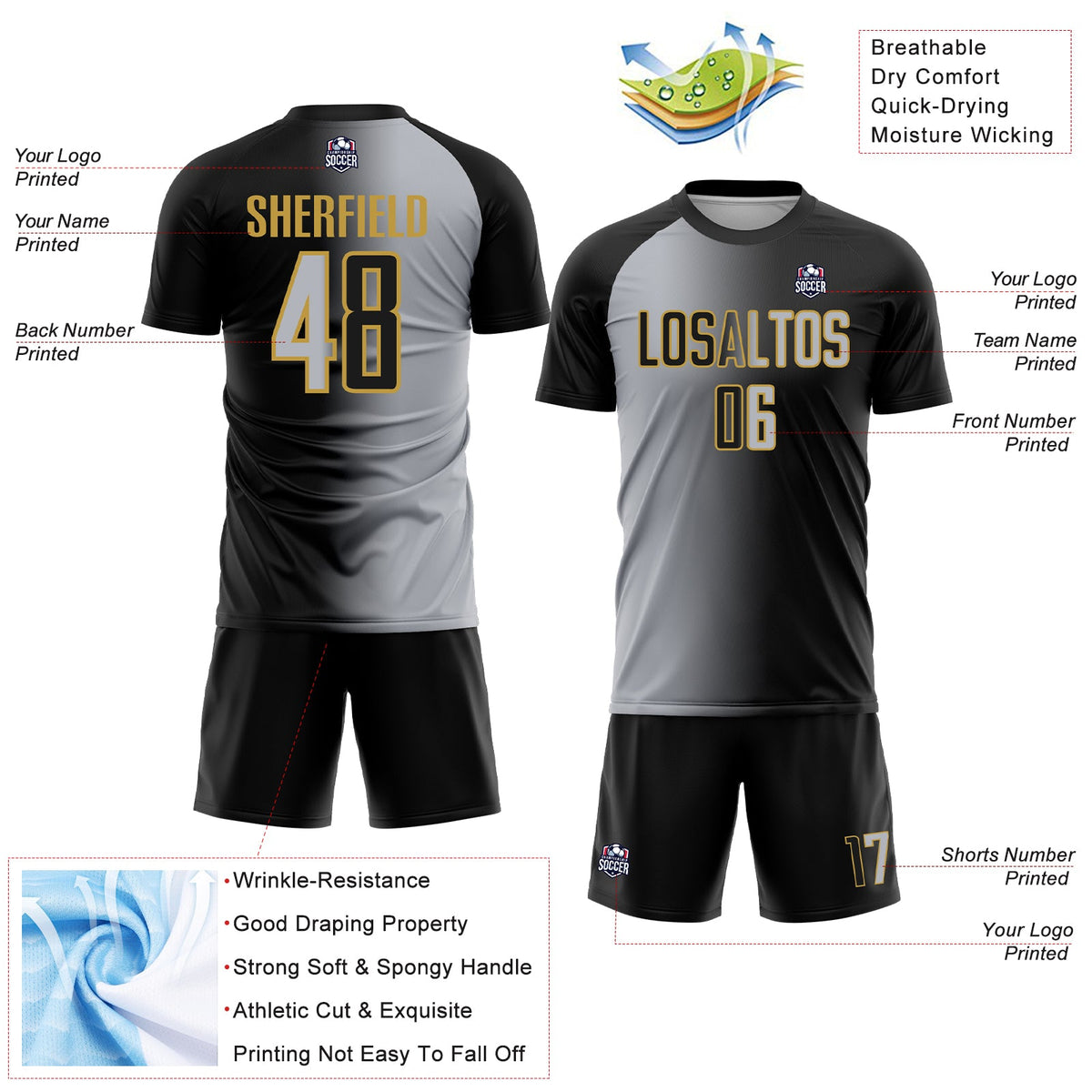 Custom Black Gray-Old Gold Sublimation Gradient Fashion Soccer Uniform Jersey Limited