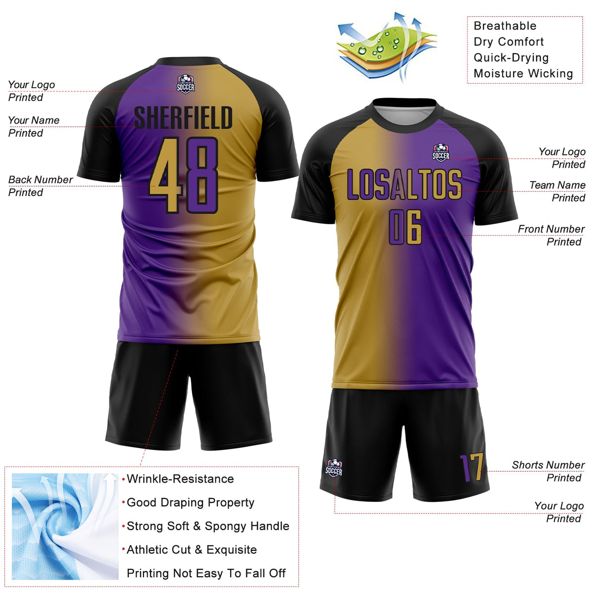 Custom Purple Old Gold-Black Sublimation Gradient Fashion Soccer Uniform Jersey Limited