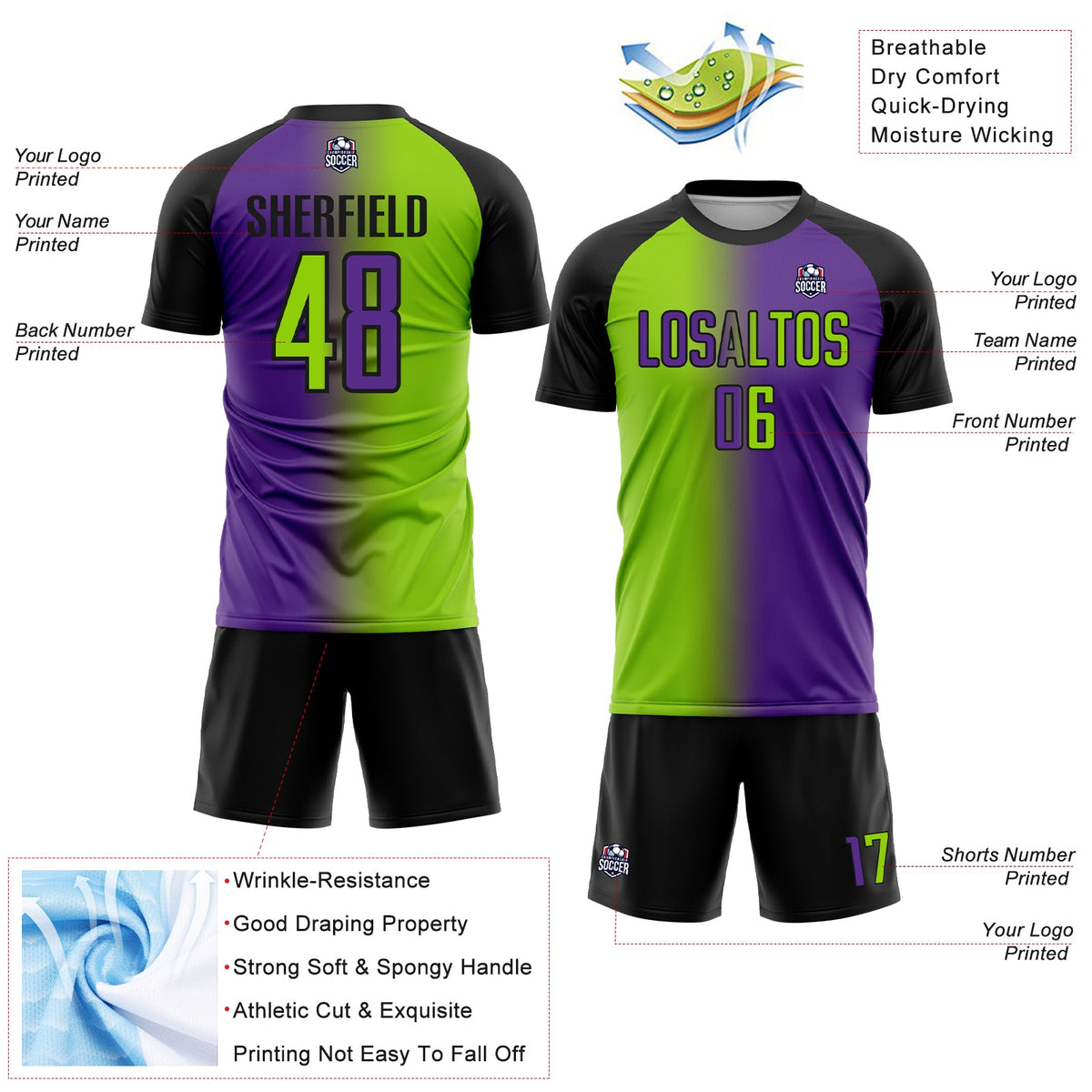 Custom Purple Neon Green-Black Sublimation Gradient Fashion Soccer Uniform Jersey Limited