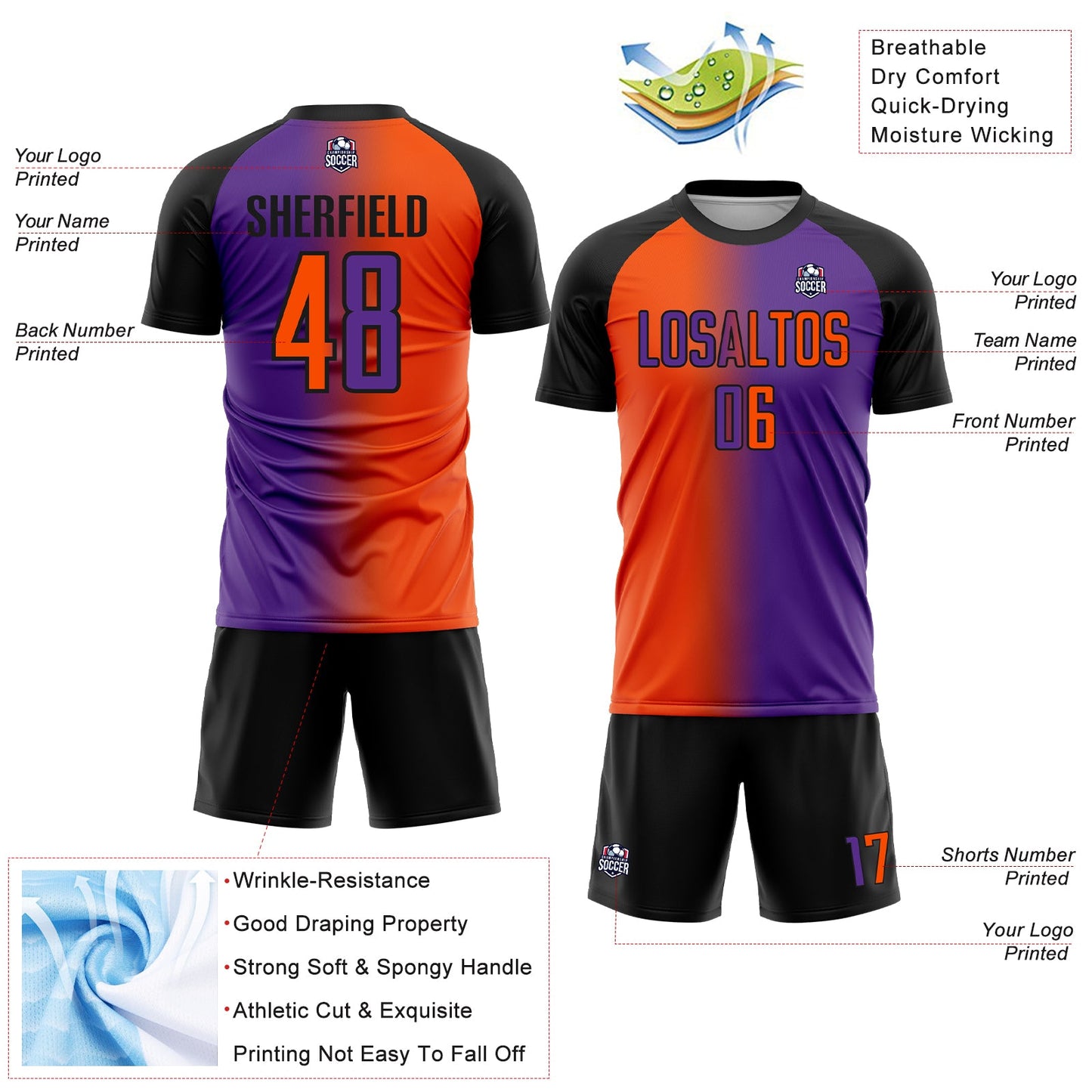 Custom Purple Orange-Black Sublimation Gradient Fashion Soccer Uniform Jersey Limited