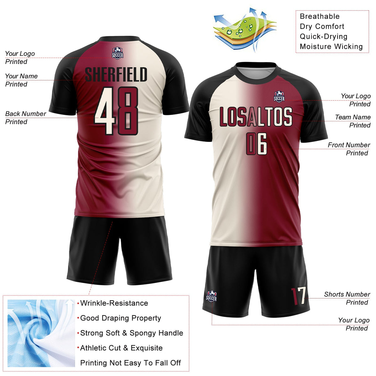 Custom Maroon Cream-Black Sublimation Gradient Fashion Soccer Uniform Jersey Limited