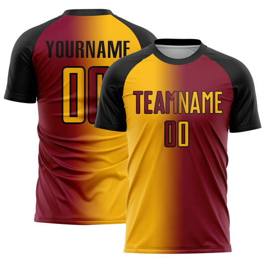 Custom Maroon Gold-Black Sublimation Gradient Fashion Soccer Uniform Jersey