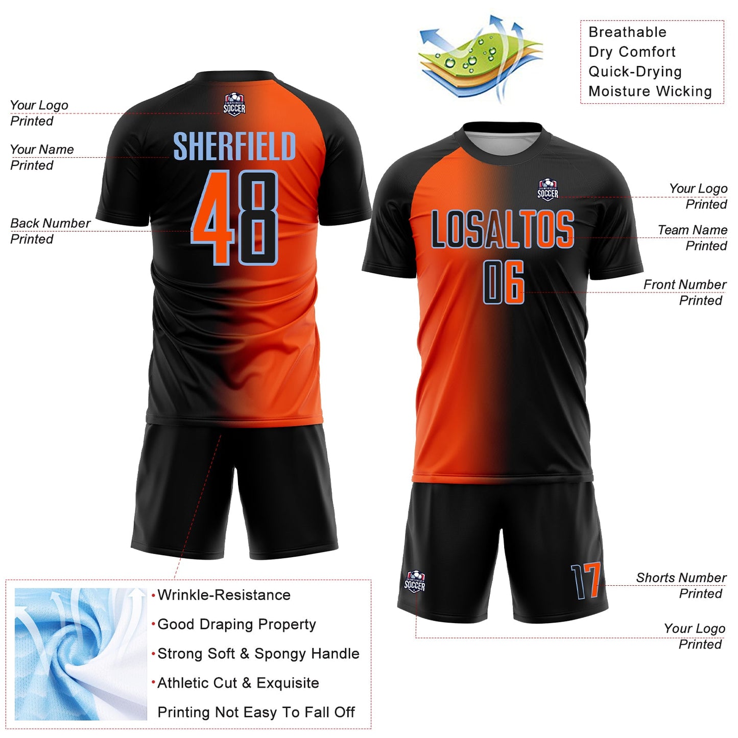 Custom Black Orange-Light Blue Sublimation Gradient Fashion Soccer Uniform Jersey Limited