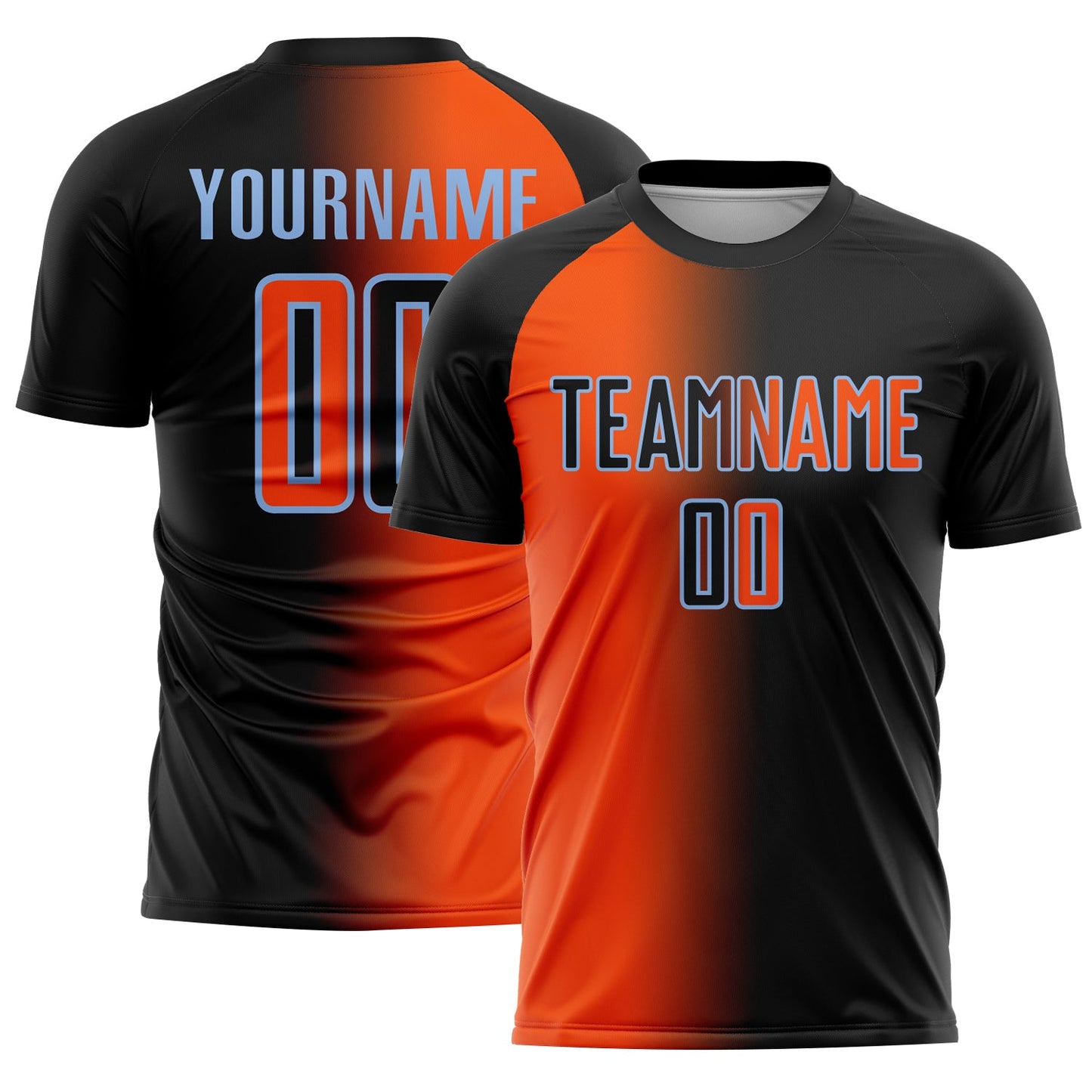 Custom Black Orange-Light Blue Sublimation Gradient Fashion Soccer Uniform Jersey