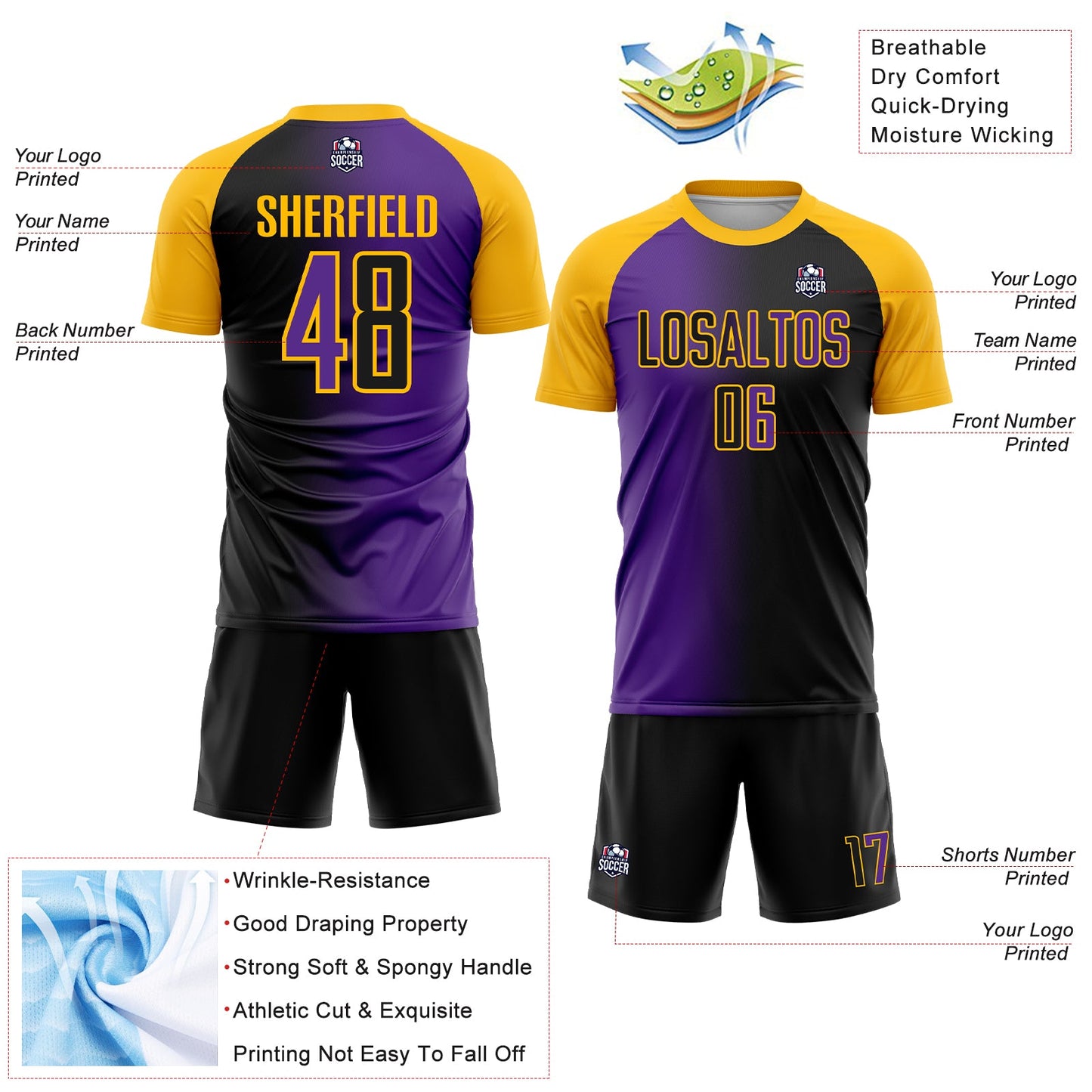 Custom Black Purple-Gold Sublimation Gradient Fashion Soccer Uniform Jersey Limited