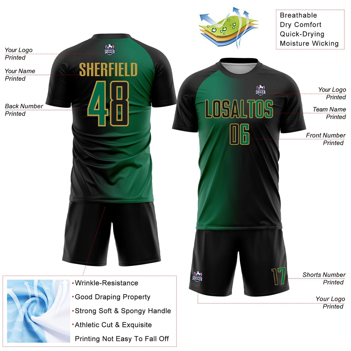 Custom Black Kelly Green-Old Gold Sublimation Gradient Fashion Soccer Uniform Jersey Limited