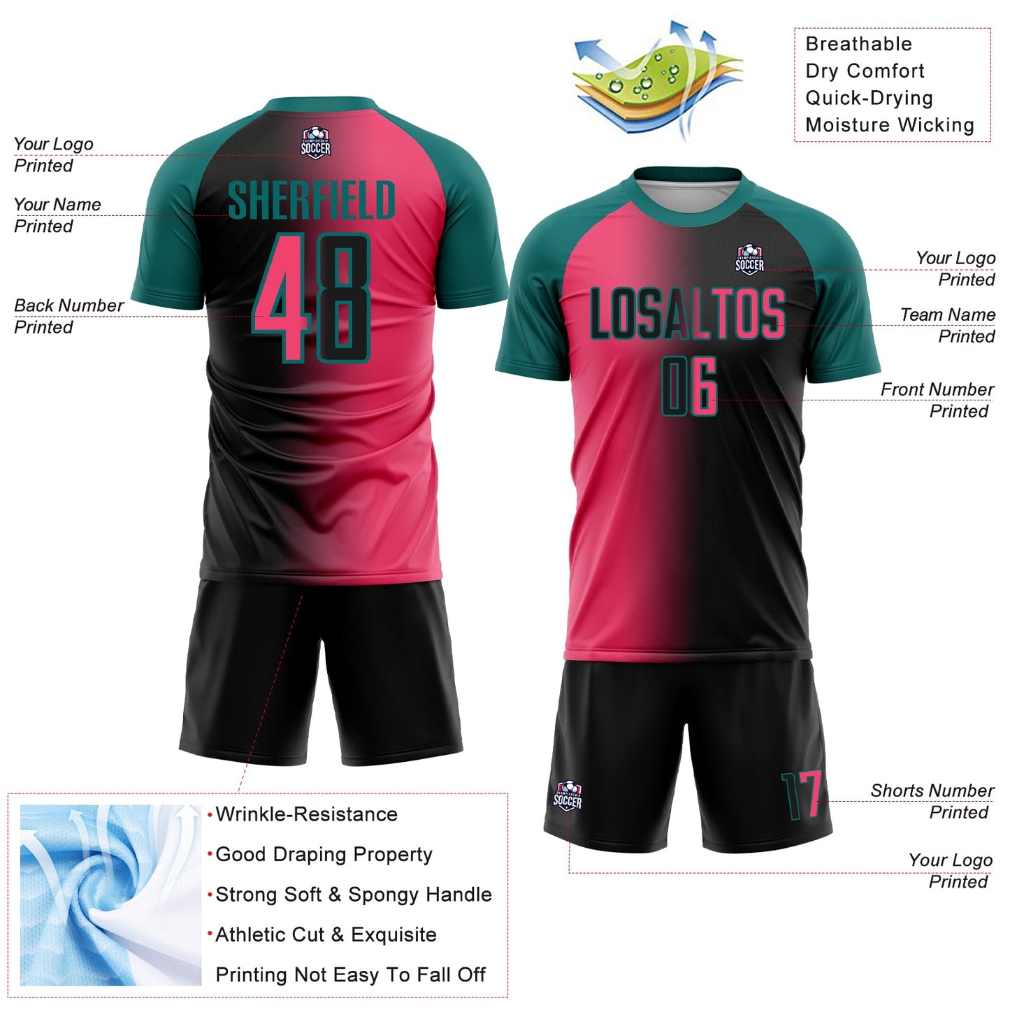 Custom Black Neon Pink-Teal Sublimation Gradient Fashion Soccer Uniform Jersey Limited