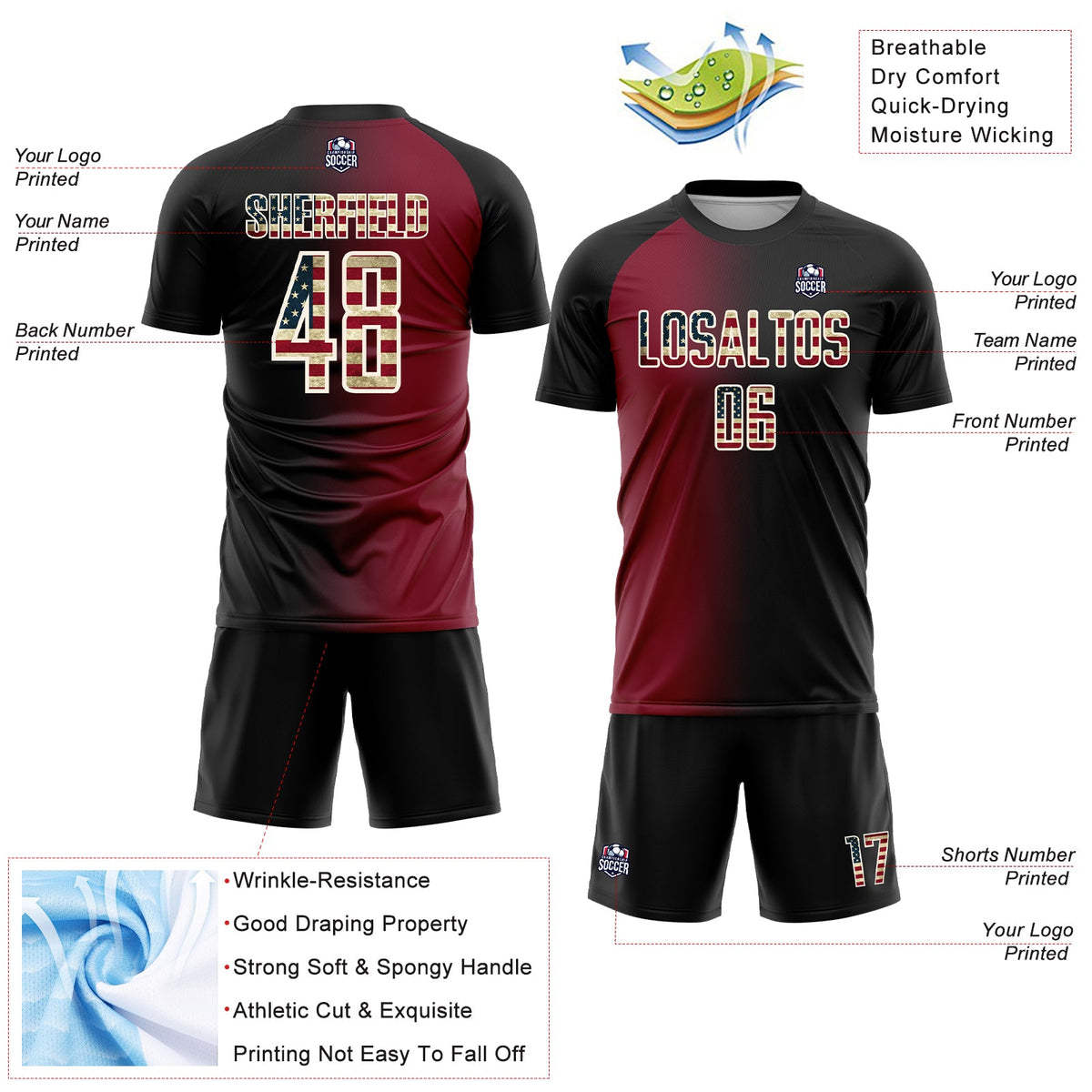 Custom Black Vintage USA Flag Crimson-Cream Sublimation Gradient Fashion Soccer Uniform Jersey Limited
